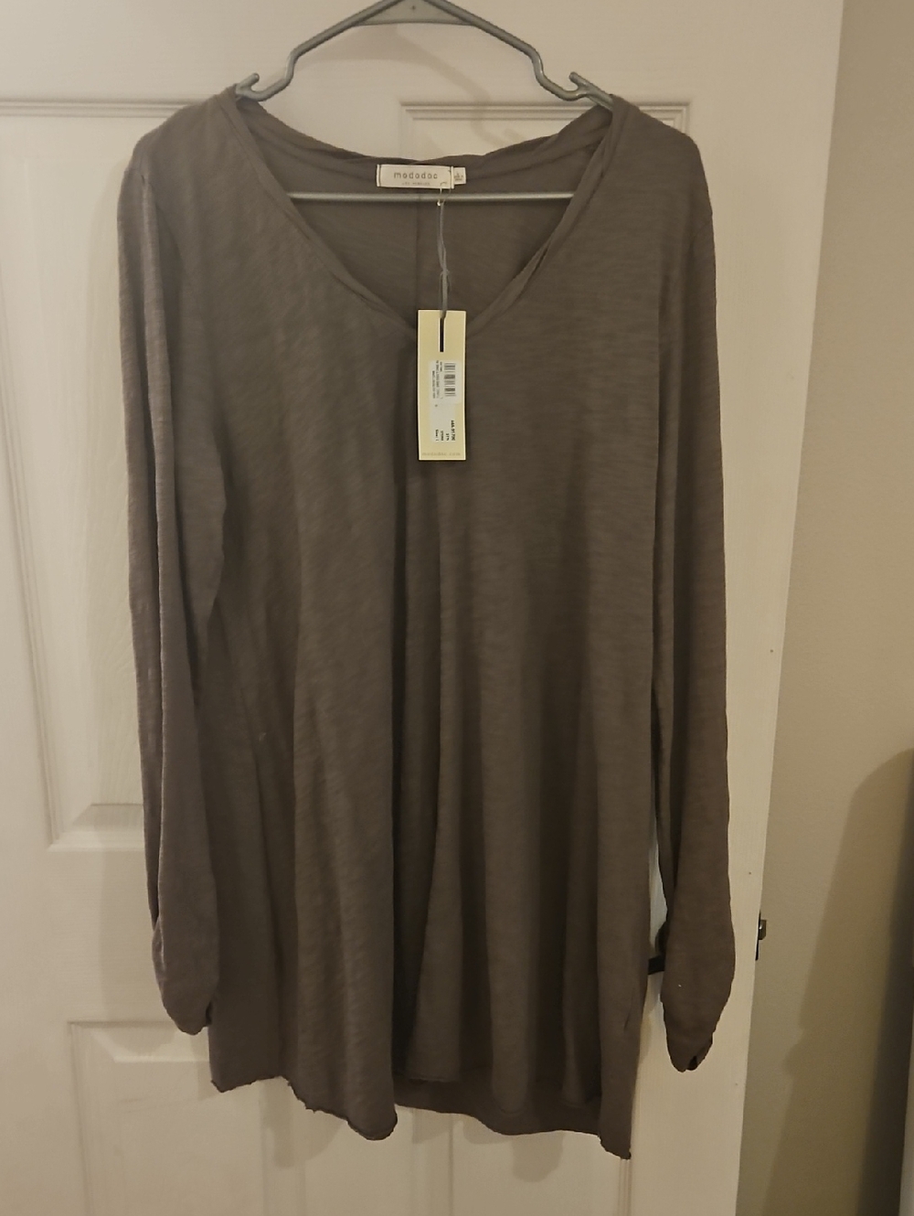 Mododoc Lightweight V-Neck Long Sleeve Tunic Dress- Taupe